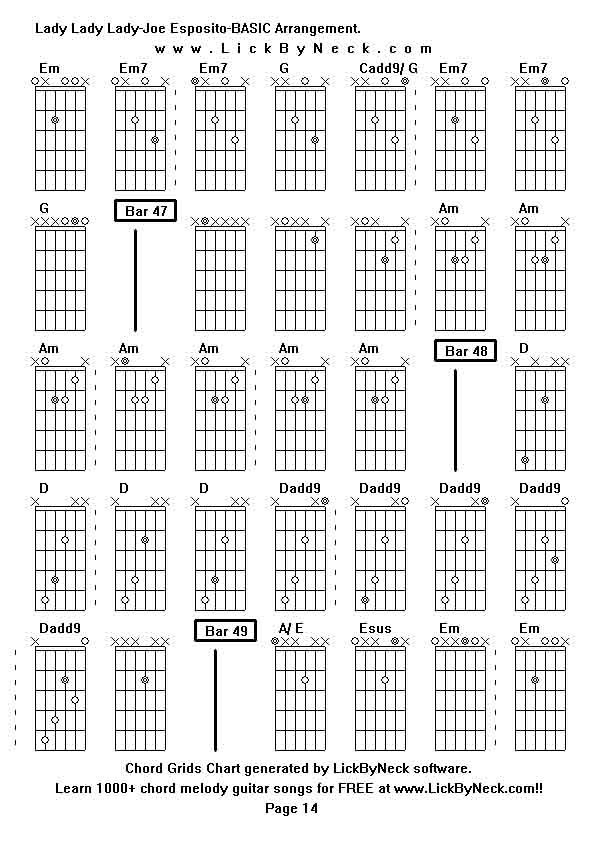 Chord Grids Chart of chord melody fingerstyle guitar song-Lady Lady Lady-Joe Esposito-BASIC Arrangement,generated by LickByNeck software.